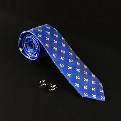 Corbata de 8 cm de ancho azul y amarillo de 3,15" con un par de gemelos de flor de lis Foto 1 de 4