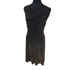 Vtg Womens Black Gold Sparkle Evening Dress Knee Length Large Cowl Neck Slinky - Picture 1 of 8
