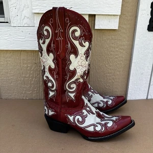 JB Dillon Women's Cowboy Boots Red White Leather Size 7.5 Mexico Cowgirl Western - Picture 1 of 10