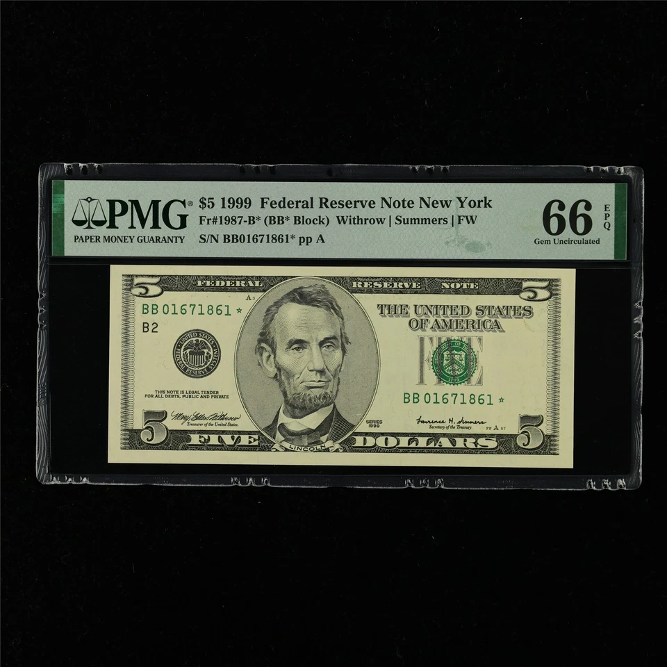 1999 Federal Reserve Note New York 5 Dollars Fr#1987-B* PMG 66 EPQ Gem UNC - Image 1 of 4