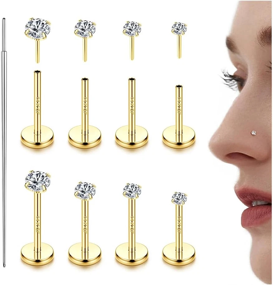 LOLIAS 14K Gold Filled Threadless Nose Studs CZ Nose Rings for Women Men 316L Su