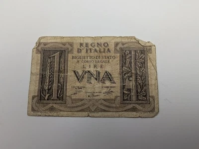 1 Lire Banknote 1944 Kingdom of Italy Circulated Good - Image 1 of 2
