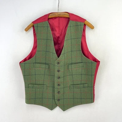 John Brocklehurst Tweed Waistcoat Mens 44 Green Check Wool Formal Country Vest - Image 1 of 4