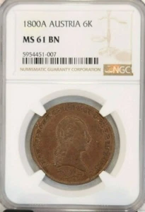 1800 AUSTRIA 6 KREUZER KREUZER FRANZ II NGC MS 61 BN BEAUTIFUL SCARCE MINT STATE - Picture 1 of 6