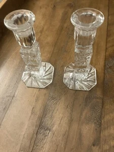 Vintage Etched Leaf Cherries Lead Crystal 5.5” Candlestick Holders Set of 2 - Picture 1 of 7