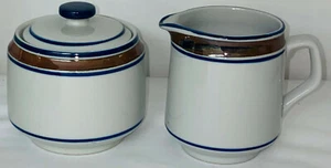Salem Stoneware*GEORGETOWN*BROWN & BLUE BANDS 4" CREAMER & SUGAR W/LID* - Picture 1 of 3