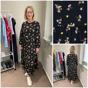 New Marks & Spencer Womens Dress Black Floral Cotton Jersey Tiered Midi 6 - 24