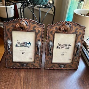 2 Western Horse Tooled Leather Look Conchos Horseshoes Photo Picture Frame - Picture 1 of 9