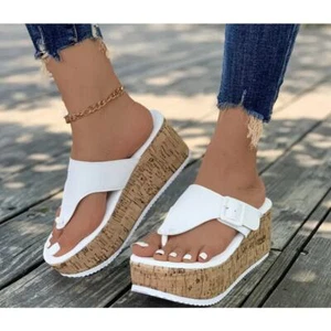 Womens Thong Platform Wedge Slip On Sandals With Buckle Detail Size 8.5 - Picture 1 of 8