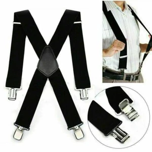 Mens Braces Suspenders Black 50mm X Back Heavy Duty Biker Snowboard Trousers New - Picture 1 of 6