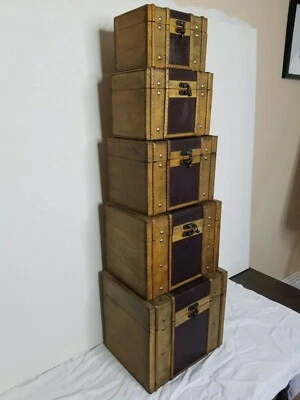 Wood and Leather Chests (Set of 5) - Image 1 of 3