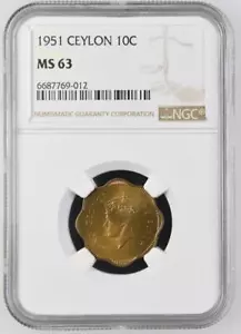 Ceylon 10 Cents 1951 NGC MS 63 - Picture 1 of 2