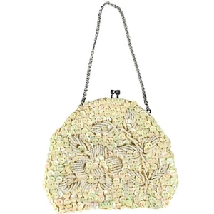 Flapper Beaded Sequined Evening Bag Kiss Clasp VTG Purse Silver Chain Strap - Picture 1 of 12