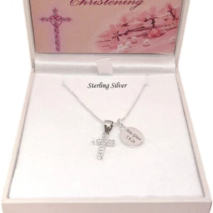 Silver Cross Necklace with Crystals Personalised, Engraved Christening Gift Girl - Picture 1 of 12