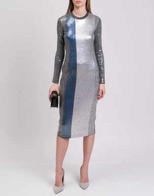 PVP €625 SPORTMAX Vestido Midi Tejido Talla XS Rayas Lentejuelas Look Metálico Cuello Redondo Foto 1 de 4