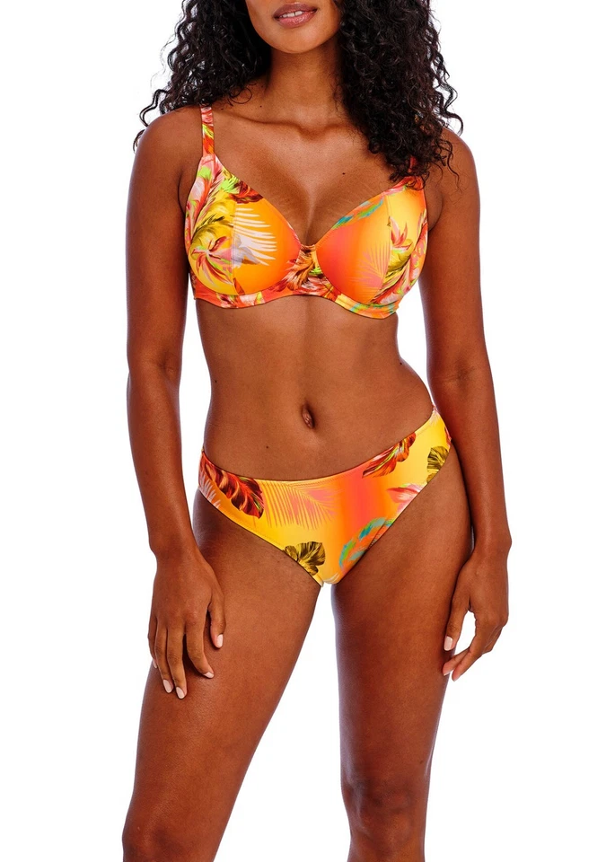 FREYA MIAMI SUNSET PAPAYA UNDERWIRE PLUNGE BIKINI TOP & BRIEF SET SIZE 30F / 8F - image 1 of 1