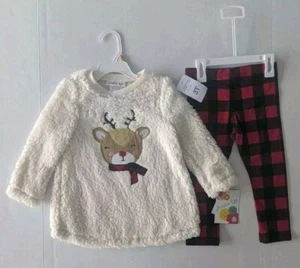 NWT Reindeer Pant Set Fluffy Shirt Buffalo Plaid Size 3T  - Picture 1 of 5