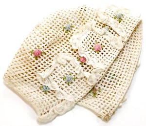 Antique Hand Made Baby Bonnet Cap Lace Roses Doll Bonnet Ivory Color Open Weave - Picture 1 of 4
