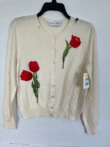 OSCAR DE LA RENTA TULIP CARDIGAN SWEATER EMBROIDERED **DAMAGED SIZE MEDIUM NWOT - Picture 1 of 8
