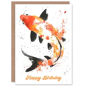Japanese Kohaku Koi Fish Watercolour Birthday Card - Picture 1 of 6