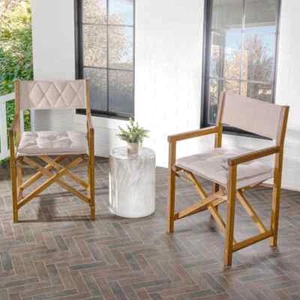 Waldo Outdoor Acacia Wood Foldable Director Chair with Cushion, Beige/Brown (2) - Picture 1 of 8