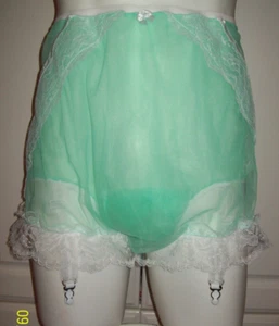 GREEN SHEER Nylon BUBBLE Bloomer SISSY PANTY 7" SLEEVE GARTERS 32-44 Waistband** - Picture 1 of 3