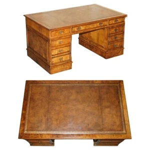 EXQUISITE VINTAGE BURR WALNUT BROWN LEATHER PARTNER DESK WITH SLIP SERVING TRAYS - Picture 1 of 24