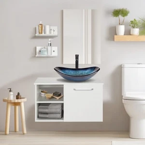 Tocador de baño flotante de 28" con recipiente de vidrio lavabo lavabo grifo de drenaje madera - Imagen 1 de 9