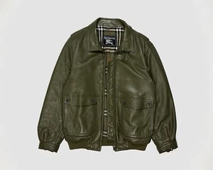 Medium - Green Vintage (’90s) Burberry Heavyweight Leather Harrington Jacket - Afbeelding 1 van 4