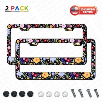 2x Universal Cute Colorful Floral Flower License Plate Frame Cover Decorate Gift - Image 1 of 4
