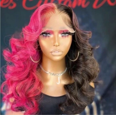 100% Human Hair Wig Half Rose Pink Half Black 13*4 Lace Front Wig Pre Pluck Long - Image 1 of 4