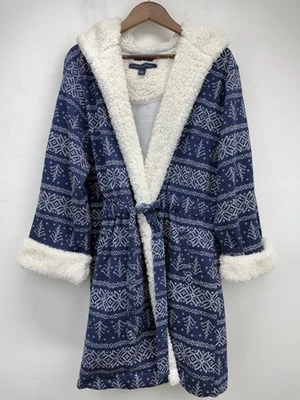 Tommy Hilfiger Talla L/XL Mujer Azul Blanco Fair Isle Copo de Nieve Bata de Felpa con Capucha Foto 1 de 4