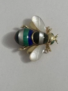 Asch Grossbardt 14kt Yellow Gold Coral Lapis Malachite Onyx Bee Pin - Picture 1 of 6