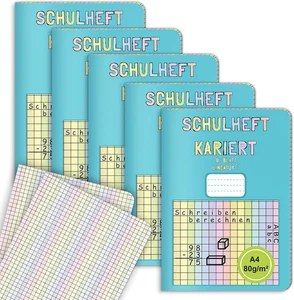 5 Stück A4 Schulheft kariert Lineatur 7 Matheheft 1. und 2. Klasse 8 Blatt - Bild 1 von 8