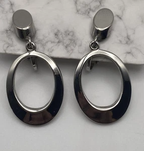 Simple Silver Tone Open Oval Dangle Drop Earrings Classy - Picture 1 of 5