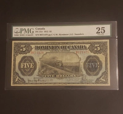 RARE 1912 Dominion of Canada $5 Banknote.  THE FAMOUS "TRAIN NOTE". PMG Graded. - Image 1 of 2
