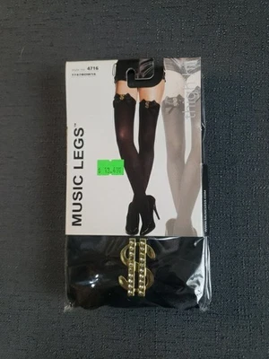 Brand New Music Legs Black Opaque Thigh High Dollar Sign On Satin Bow Stockings  - Image 1 of 4