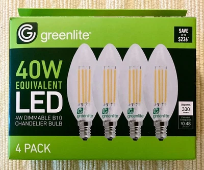 4 pack Greenlite 40W E12 Dimmable Chandelier Candelabra 4W LED Light Bulb B10 - Image 1 of 4