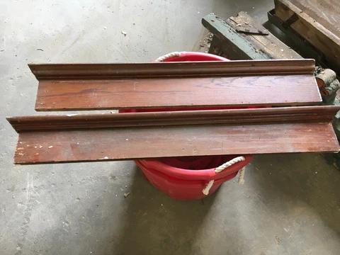 Pair late 19th century pine & oak window header pediments 44 x 6 x 2.5 & 41x7x2" Cover