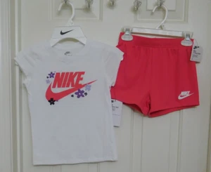 NWT 2pc Nike White Top With Logo Flowers & Aster Pink Shorts Set sz 5 or 6 - Picture 1 of 1