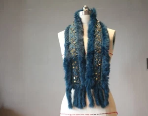 Rexrabbit fur scarf sequin embellished peacock blue gray black art deco design - Picture 1 of 13