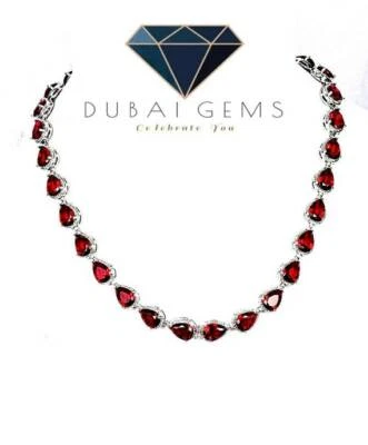 WHITE GOLD FINISH Pear Cut Red Ruby and Created Diamond Necklace + Gift Box - Image 1 of 4