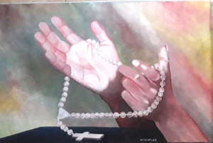 Öl auf Leinen Bild Afrika signiert Nyacam 03 religiös Hände mit Rosenkranz - Bild 1 von 2