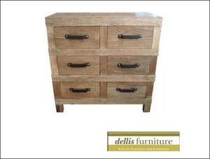 NEW Rustic Recycled Elm Timber 6 Drawer Narrow Chest Of Drawers, Natural Colour - Picture 1 of 11