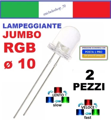 diodo led jumbo lampeggiante RGB diametro 10mm lente trasparente, flashing diode - Immagine 1 di 2