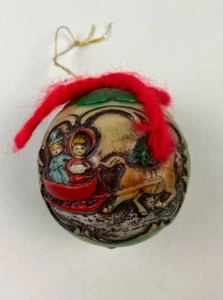Vintage Sleigh Ride Ornament Antiqued Plastic Round Ball Old Fashion Green - Picture 1 of 10