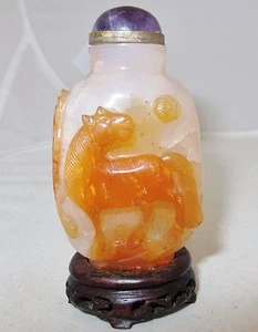 2.8" Chinese Orange & White Carnelian Agate Snuff Bottle with Man, Horse & Stand - Picture 1 of 12