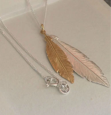 925 Sterling Silver Large Feather necklace silver gold feather gift present - Image 1 of 4