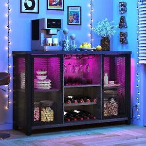 Bar Cabinet with LED Lights Wine Liquor Storage Display Rack Home Buffet Cabinet