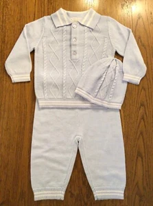 BABY BOYS FINE KNIT BABY BLUE TROUSER, JUMPER & HAT SET 3/6, 6/9 MONTHS BNWT - Picture 1 of 1